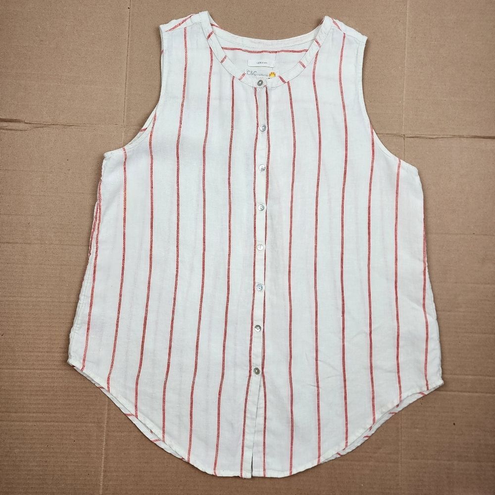 C&C California Linen Top White Red Stripes Sleeveless Button Up Shirt Blouse L - Picture 4 of 8